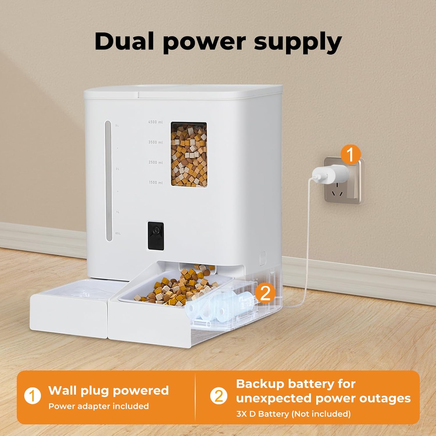 White automatic pet feeder with dual power supply feature, shown plugged into a wall with text overlays explaining wall plug powered and backup battery functionality at Pet Servo
