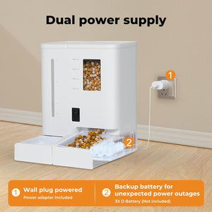 White automatic pet feeder with dual power supply feature, shown plugged into a wall with text overlays explaining wall plug powered and backup battery functionality at Pet Servo