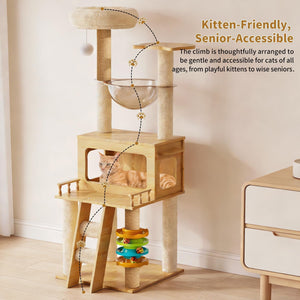 Cat tree with multiple levels and a cat sitting inside, in a room setting at Pet Servo