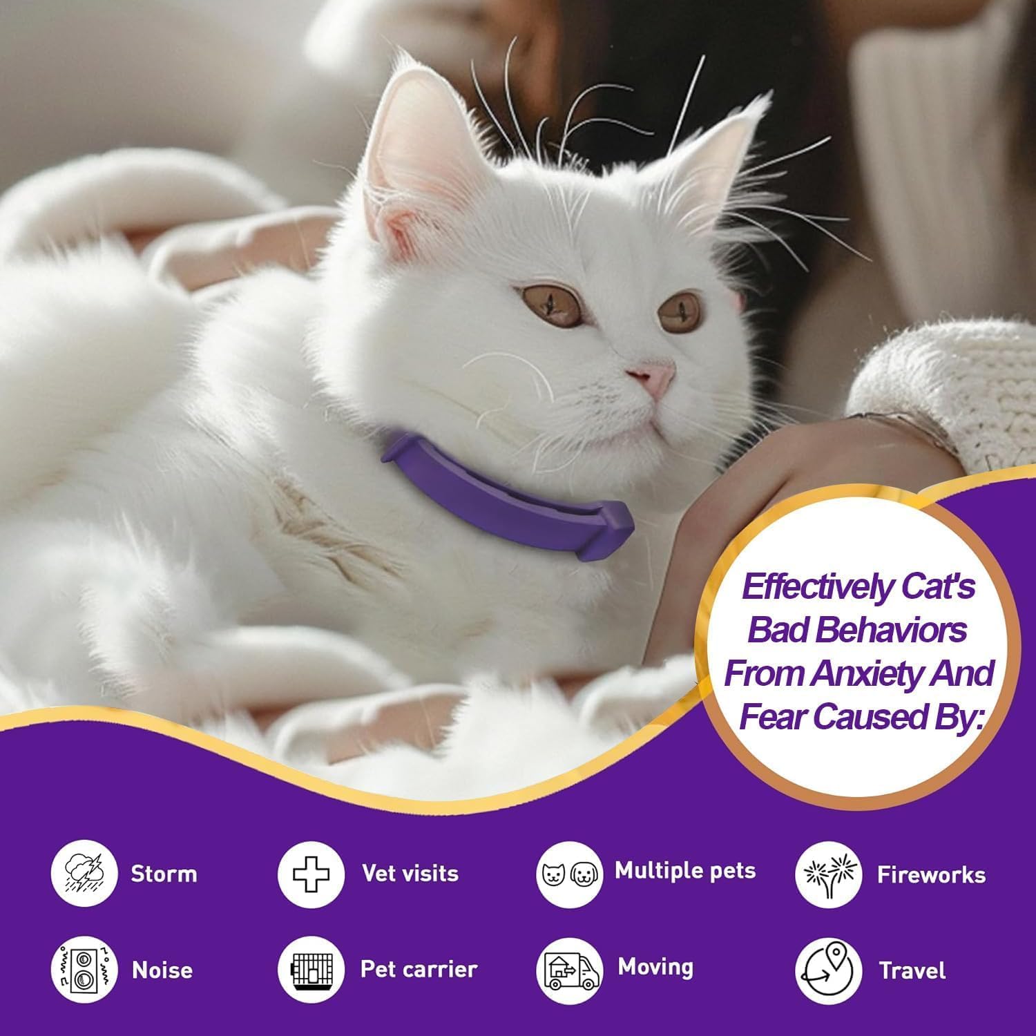 White cat with a purple collar lying on a person's arm, with text about managing cat behaviors at Pet Servo