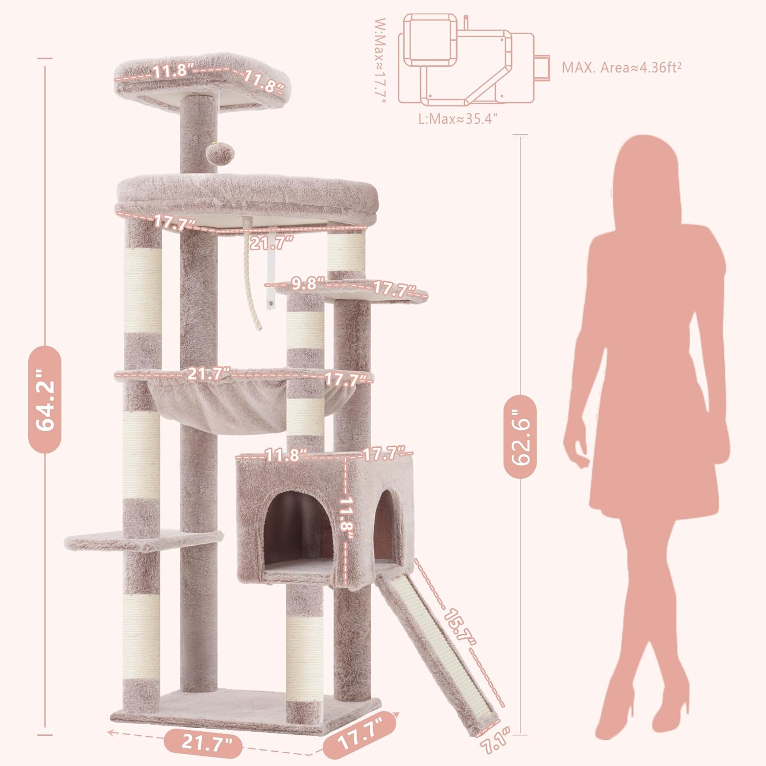 Cat tree with dimensions and a person for scale on a white background at  at Pet Servo