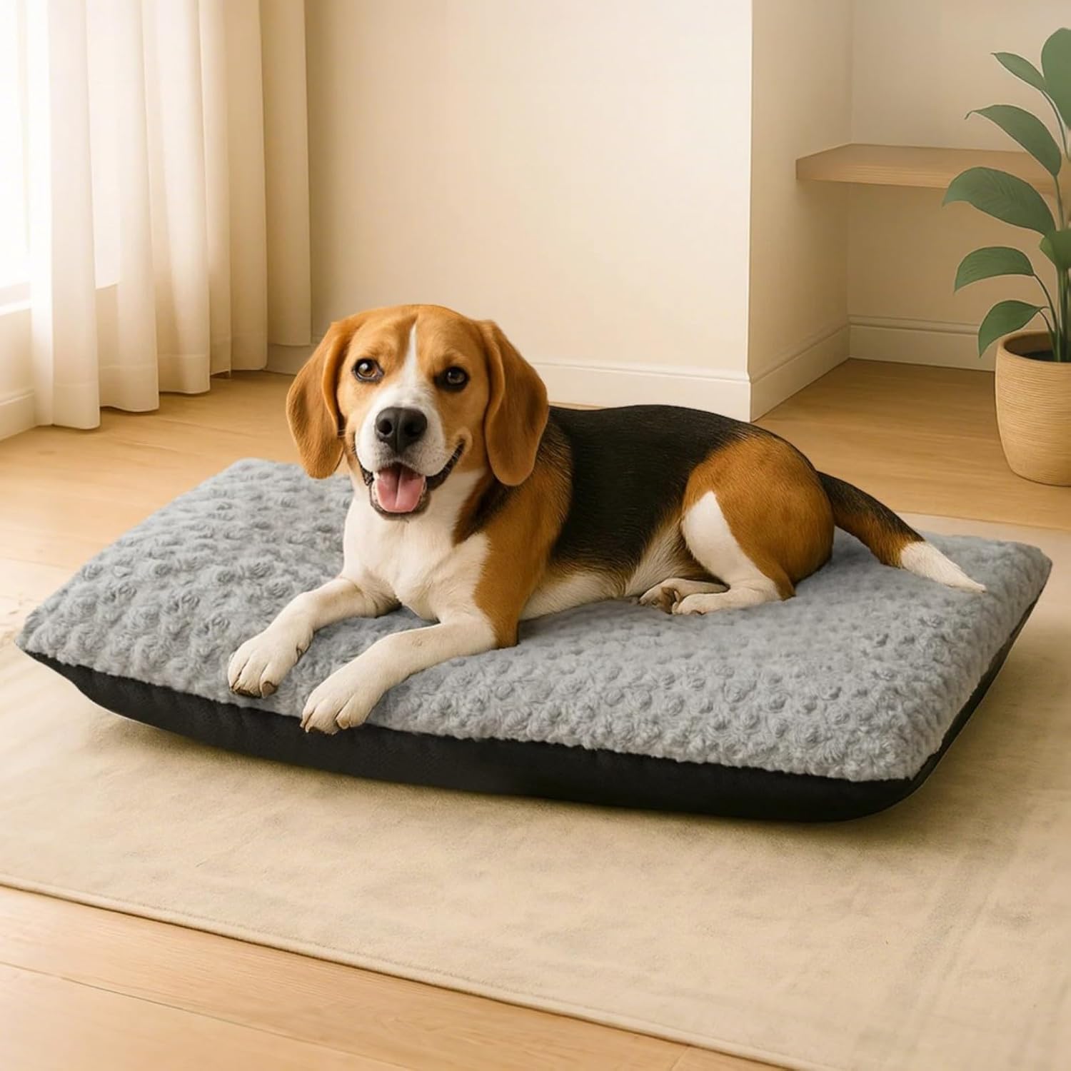 Dog lying on a gray pet bed in a room with curtains and a plant at Pet Servo