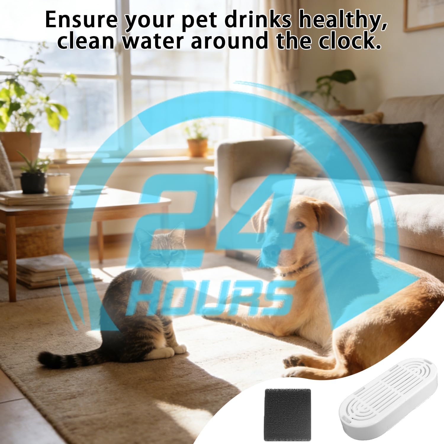 Living room with a dog and cat lying on the floor, promoting a product for 24-hour pet water supply at Pet Servo