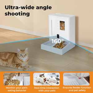 Pet feeder with a cat looking at it, showing features like ultra-wide angle shooting and real-time interaction at Pet Servo