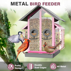 Metal bird feeder with birds perched on it against a natural background at Pet Servo