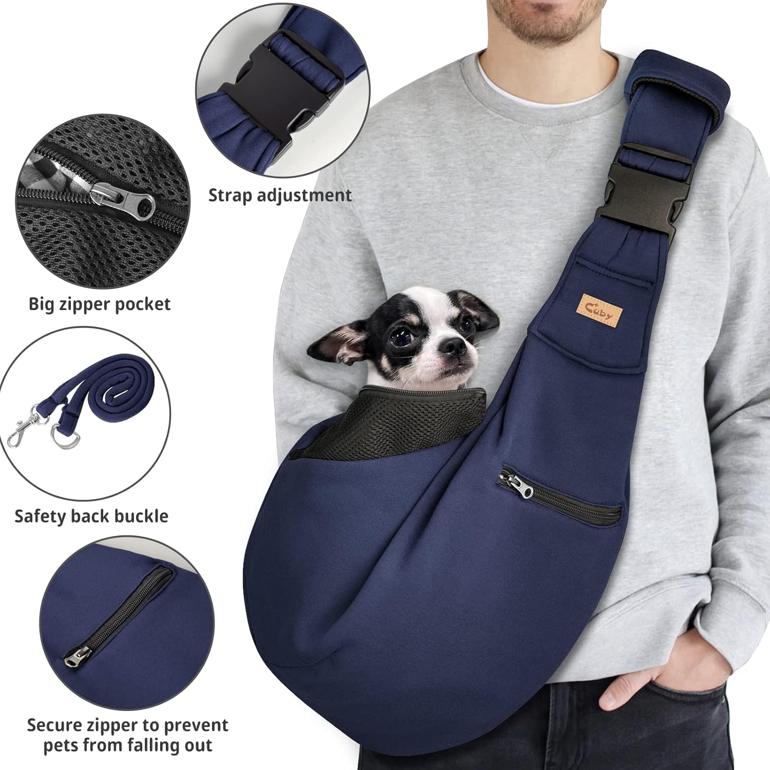 Navy blue pet sling with features highlighted on a person wearing it, showing a dog inside at Pet Servo