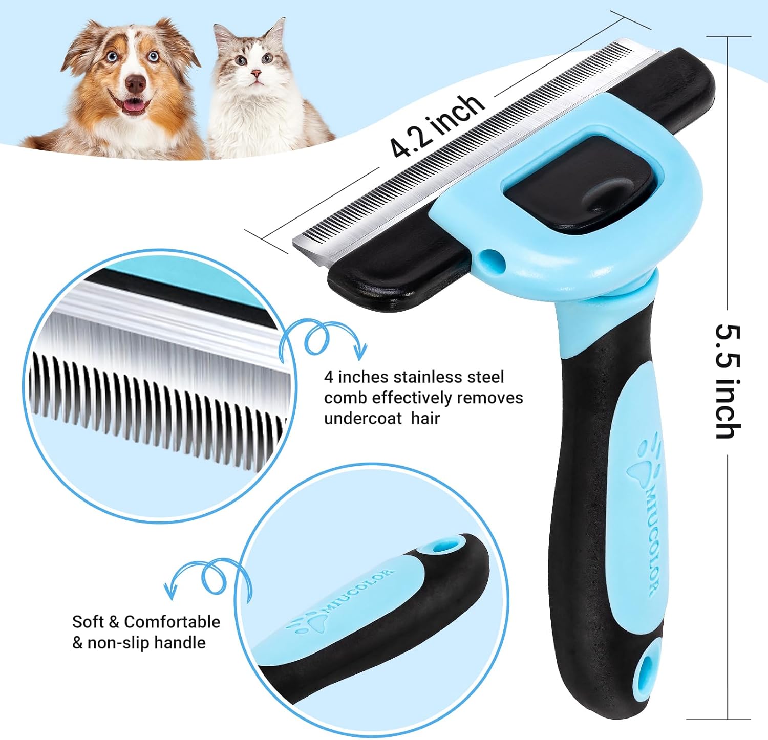 Pet grooming brush with measurements and details on a light blue background at Pet Servo