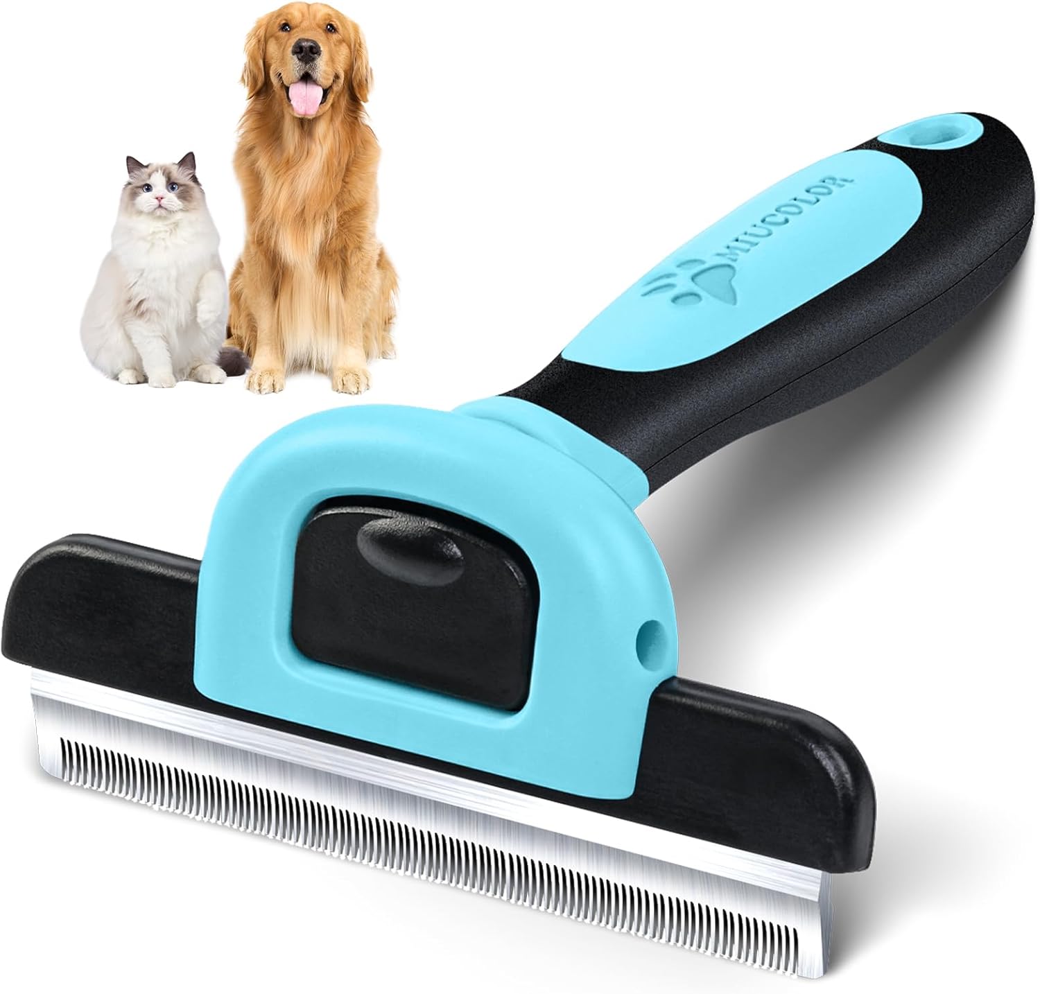 Pet grooming brush with a blue handle and black bristles, accompanied by images of a cat and a dog on a white background at Pet Servo
