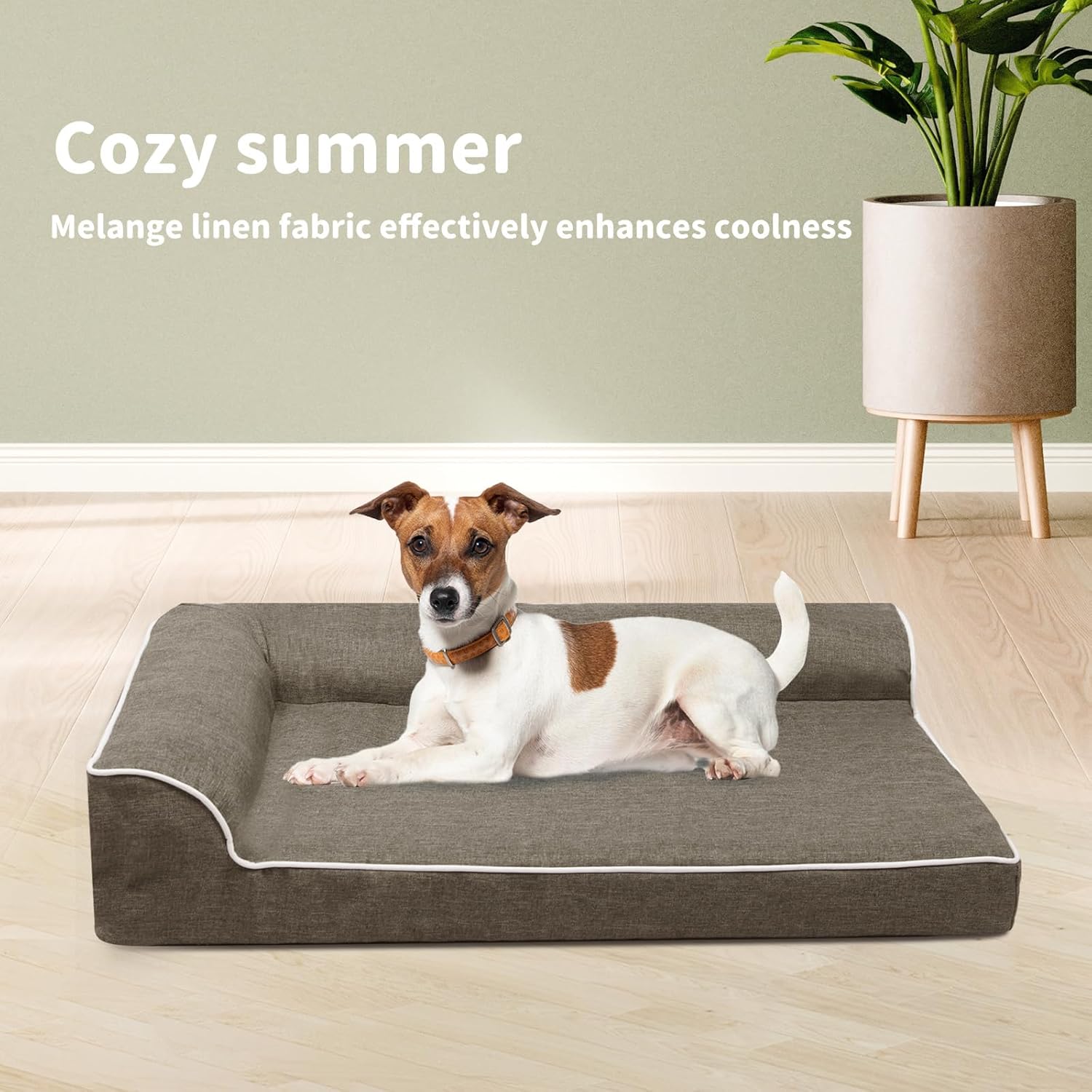 Dog lying on a large pet bed with text about melange linen fabric in a room setting at Pet Servo