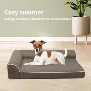Dog lying on a large pet bed with text about melange linen fabric in a room setting at Pet Servo