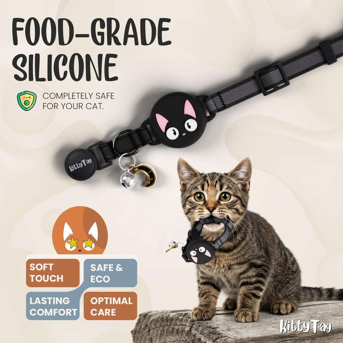 A black cat collar with a round black cat-face charm and small bell, shown on a tabby kitten sitting on a rock. The image includes marketing text reading 'FOOD-GRADE SILICONE' and 'COMPLETELY SAFE FOR YOUR CAT,' plus feature icons and the KittyTag brand mark at Pet Servo