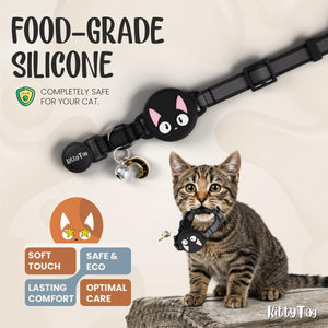 A black cat collar with a round black cat-face charm and small bell, shown on a tabby kitten sitting on a rock. The image includes marketing text reading 'FOOD-GRADE SILICONE' and 'COMPLETELY SAFE FOR YOUR CAT,' plus feature icons and the KittyTag brand mark at Pet Servo