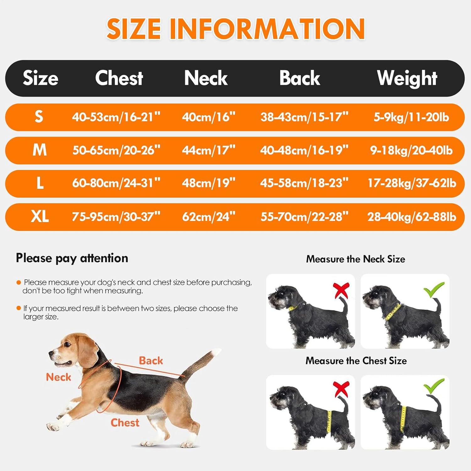 Dog coat size chart with measurements for chest, neck, back, and weight at Pet Servo