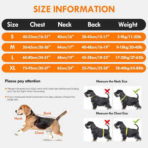 Dog coat size chart with measurements for chest, neck, back, and weight at Pet Servo
