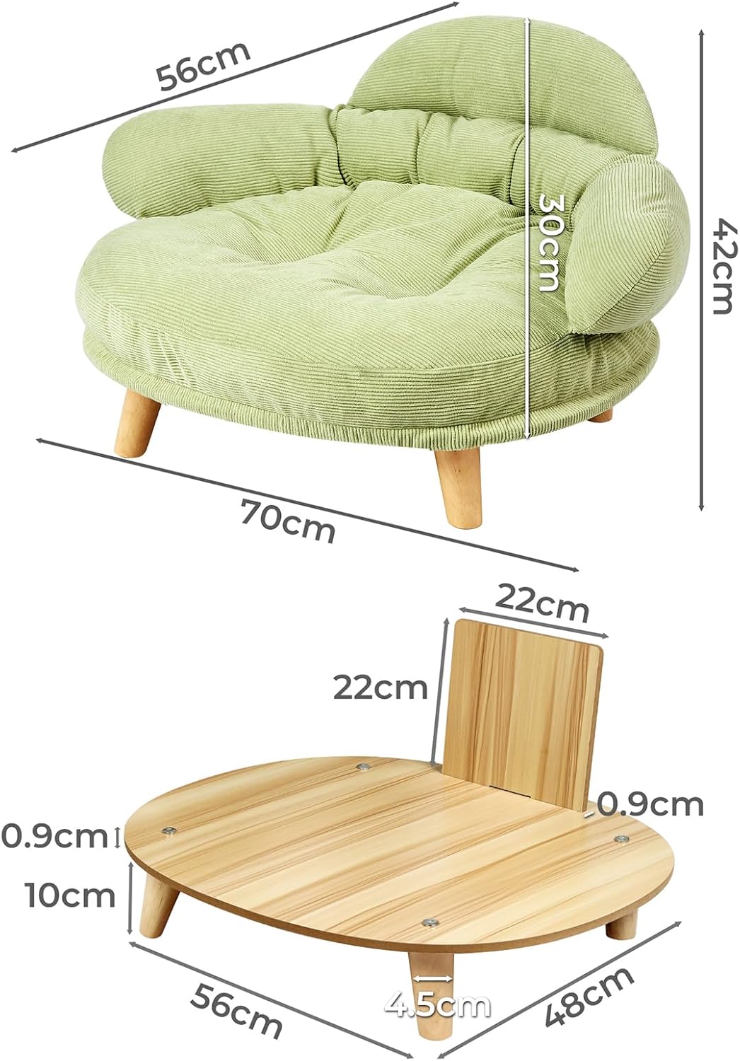 Green cushioned chair with wooden table and dimensions labeled at Pet Servo