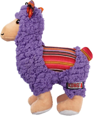 Purple llama-shaped toy with a colorful interior and KONG logo on a white background at Pet Servo
