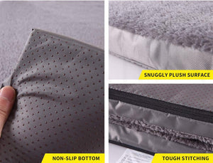 Collage of gray fabric details including non-slip bottom, snuggly plush surface, and tough stitching at Pet Servo