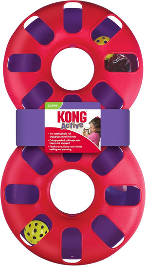 Kong Active Cat toy in red and purple, featuring two interlocking circular rings with oval cutouts and small ball compartments, with a paper label wrapped around the center at Pet Servo