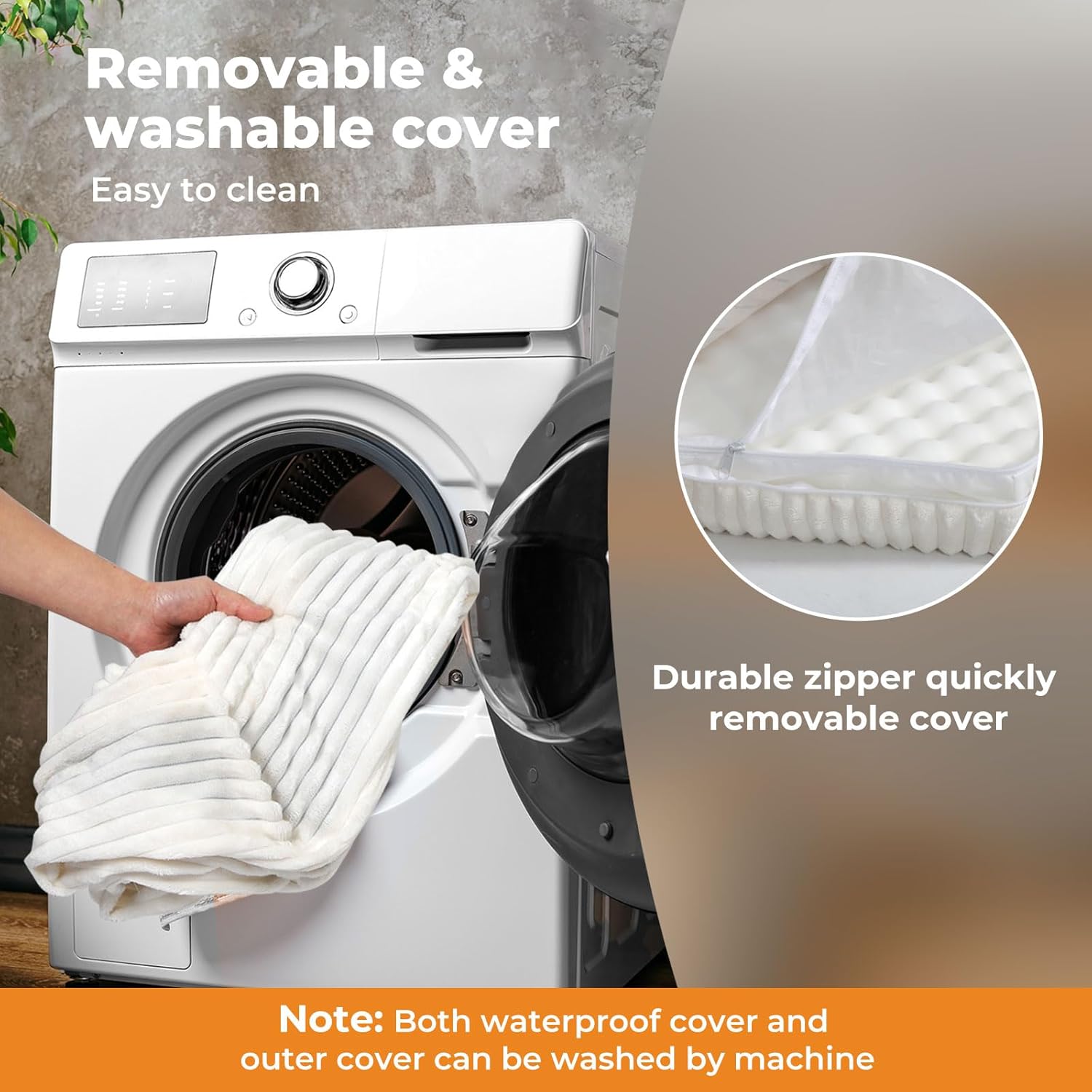 White washing machine with a person holding a white cover, emphasizing its removable and washable nature at Pet Servo