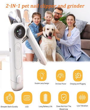 2-IN-1 pet nail clipper and grinder with family and dog on a white background at Pet Servo