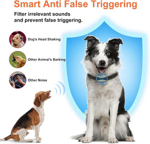 Dog wearing a collar with an anti-barking device, featuring text about smart anti-false triggering.