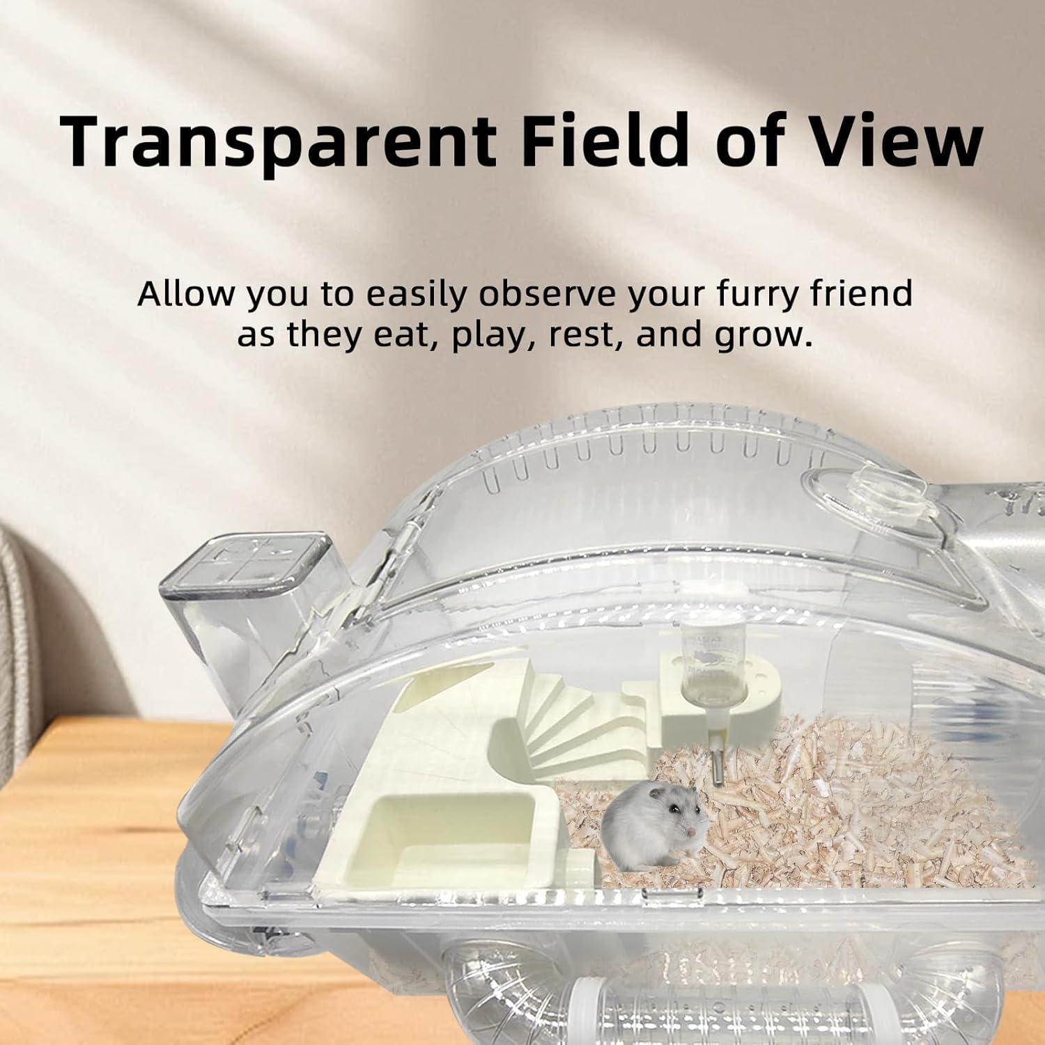 Clear hamster cage with a small hamster inside, on a wooden surface at Pet Servo