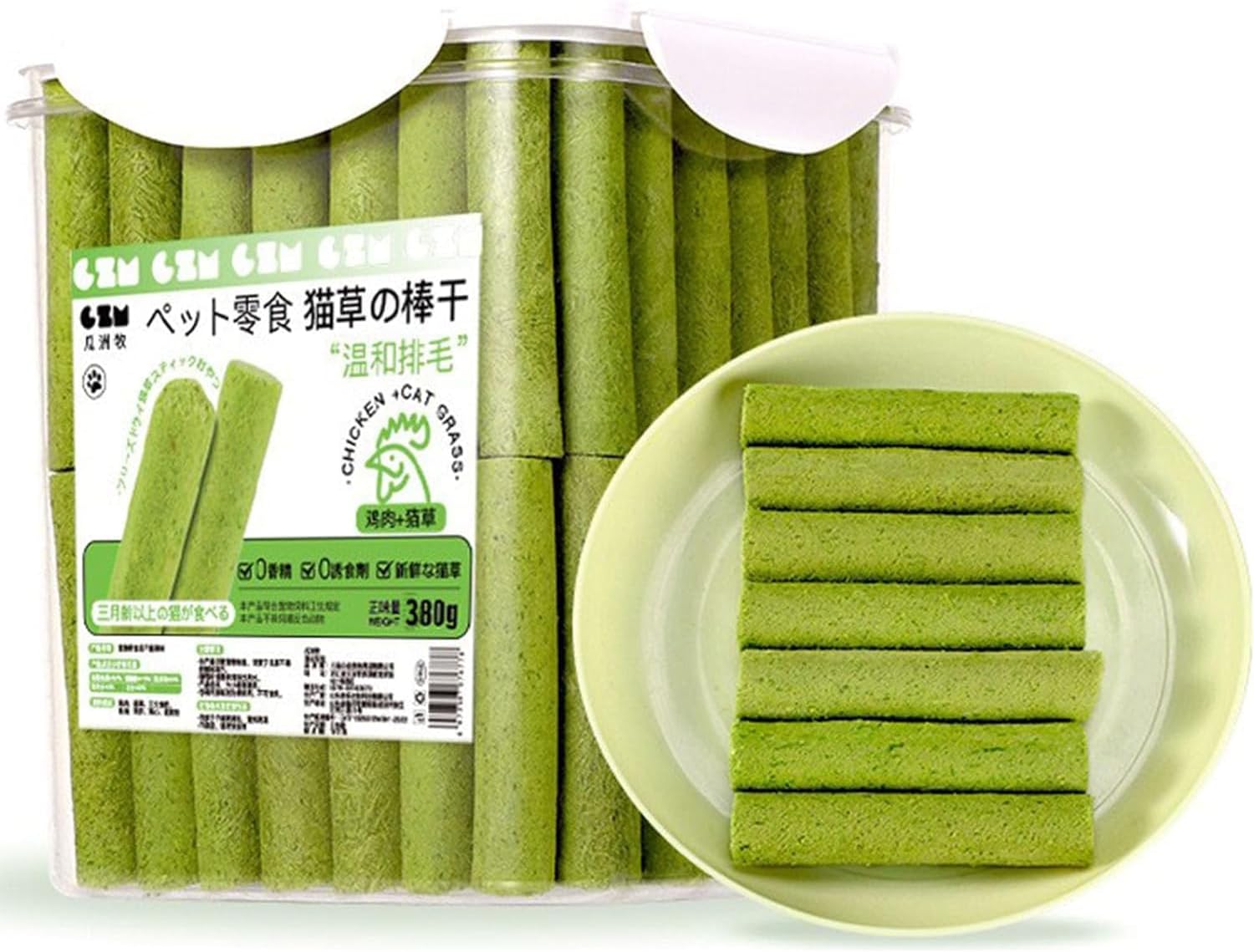 Green catnip sticks packaging with a bowl of catnip sticks on a white background at Pet Servo