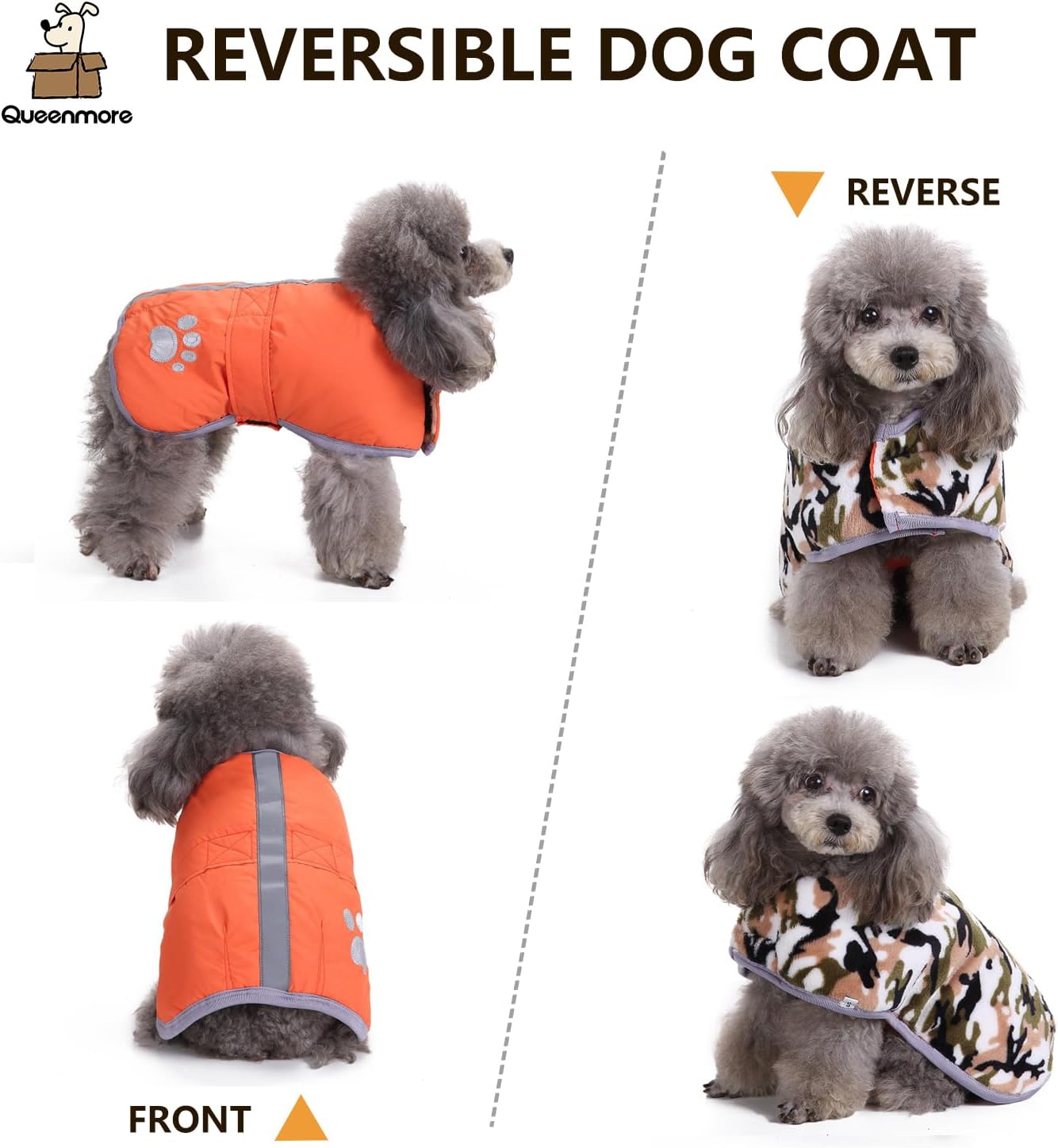 Reversible dog coat shown on a small dog with front and reverse views displayed at Pet Servo