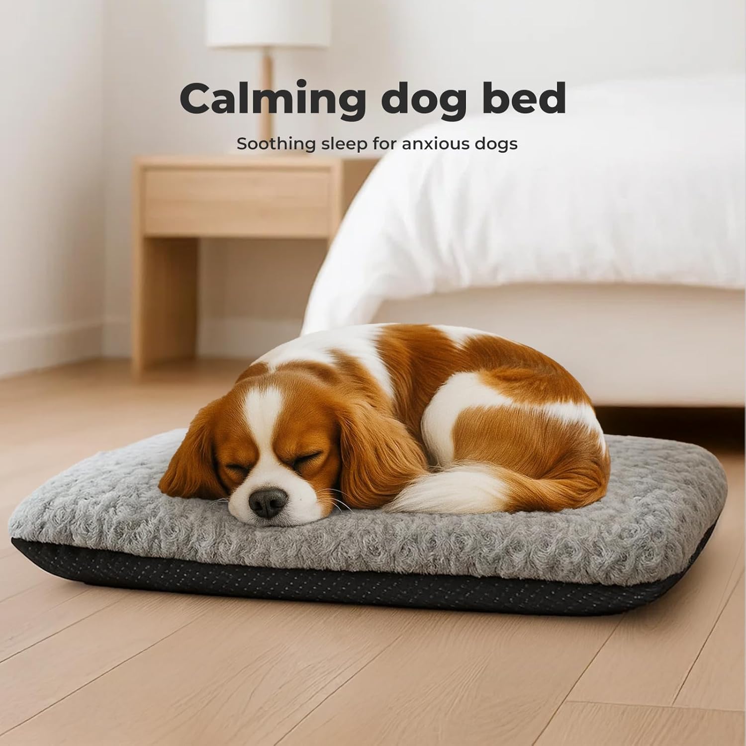 Dog lying on a calming dog bed with text indicating it provides soothing sleep for anxious dogs at Pet Servo