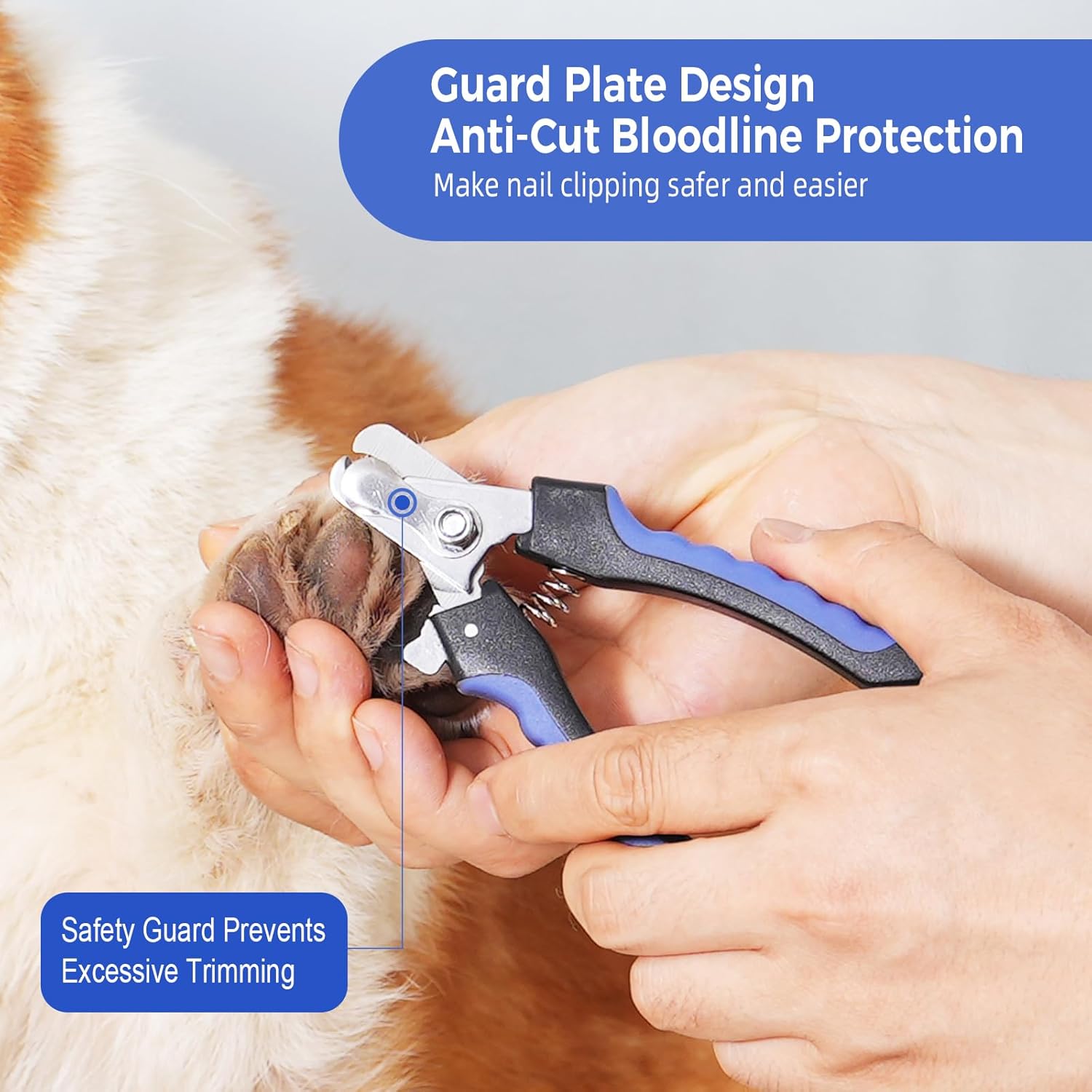 Pet nail clippers being used on a dog's paw with text highlighting safety features at Pet Servo