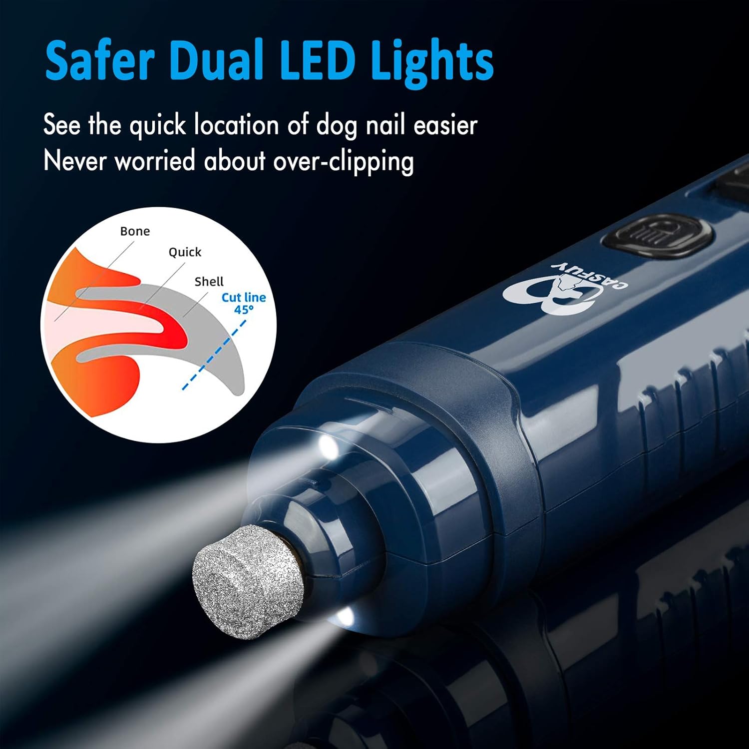 Dog nail clipper with dual LED lights on a dark background at Pet Servo