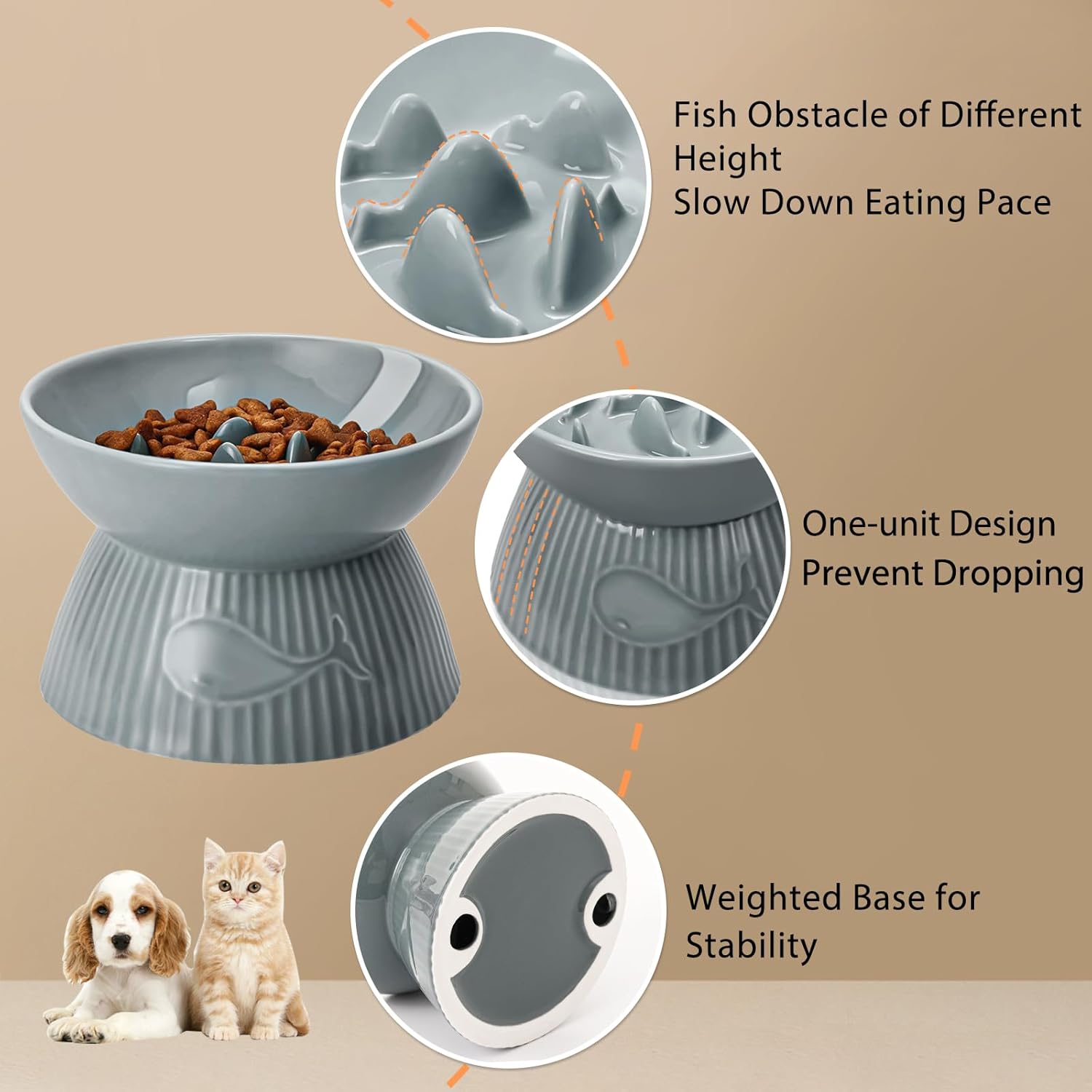 Pet feeding bowl with features highlighted on a beige background at Pet Servo