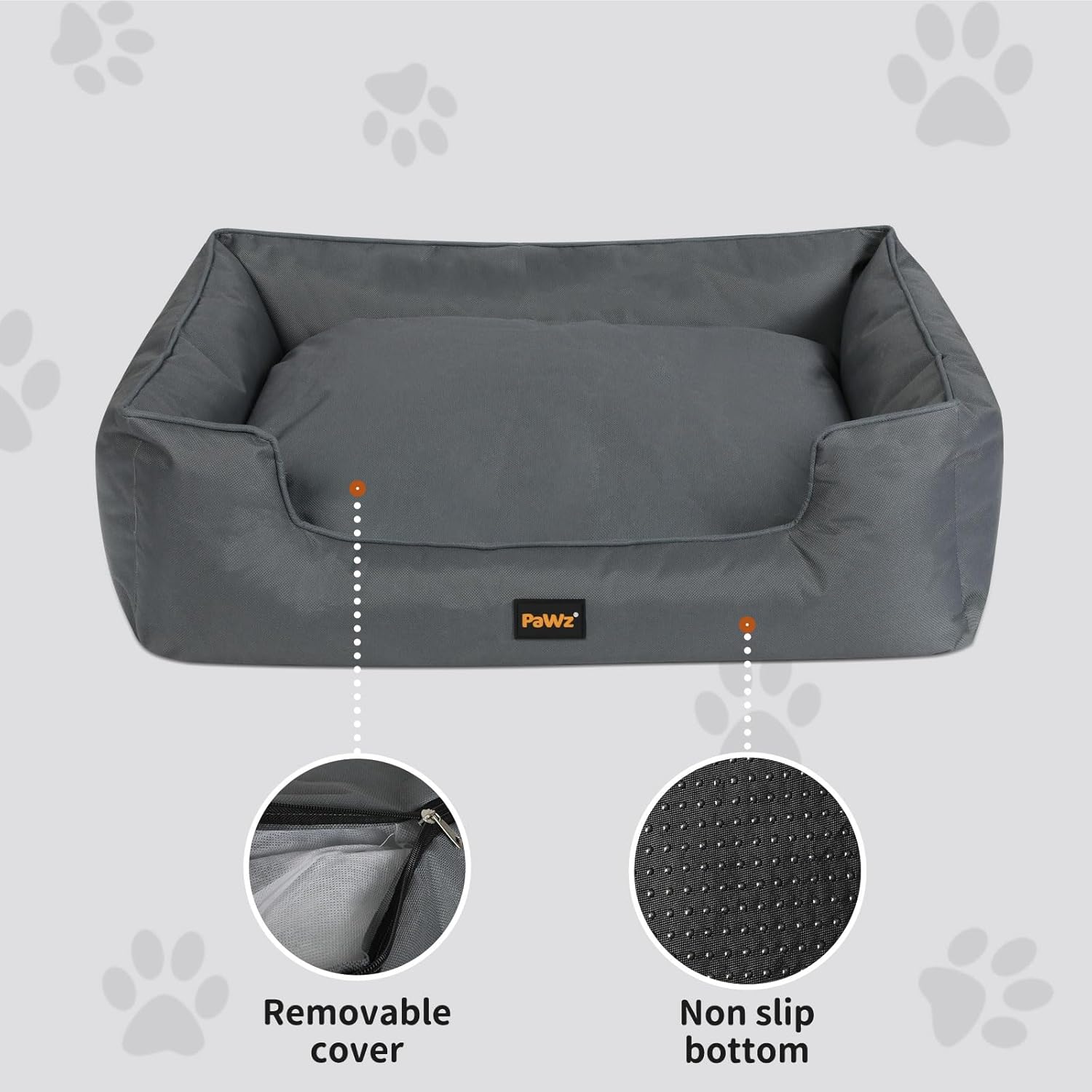 Gray pet bed with removable cover and non-slip bottom on a light gray background with paw prints at Pet Servo
