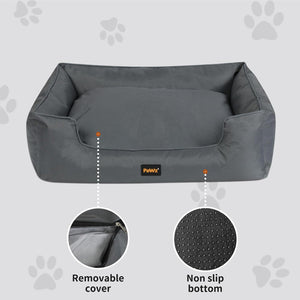 Gray pet bed with removable cover and non-slip bottom on a light gray background with paw prints at Pet Servo