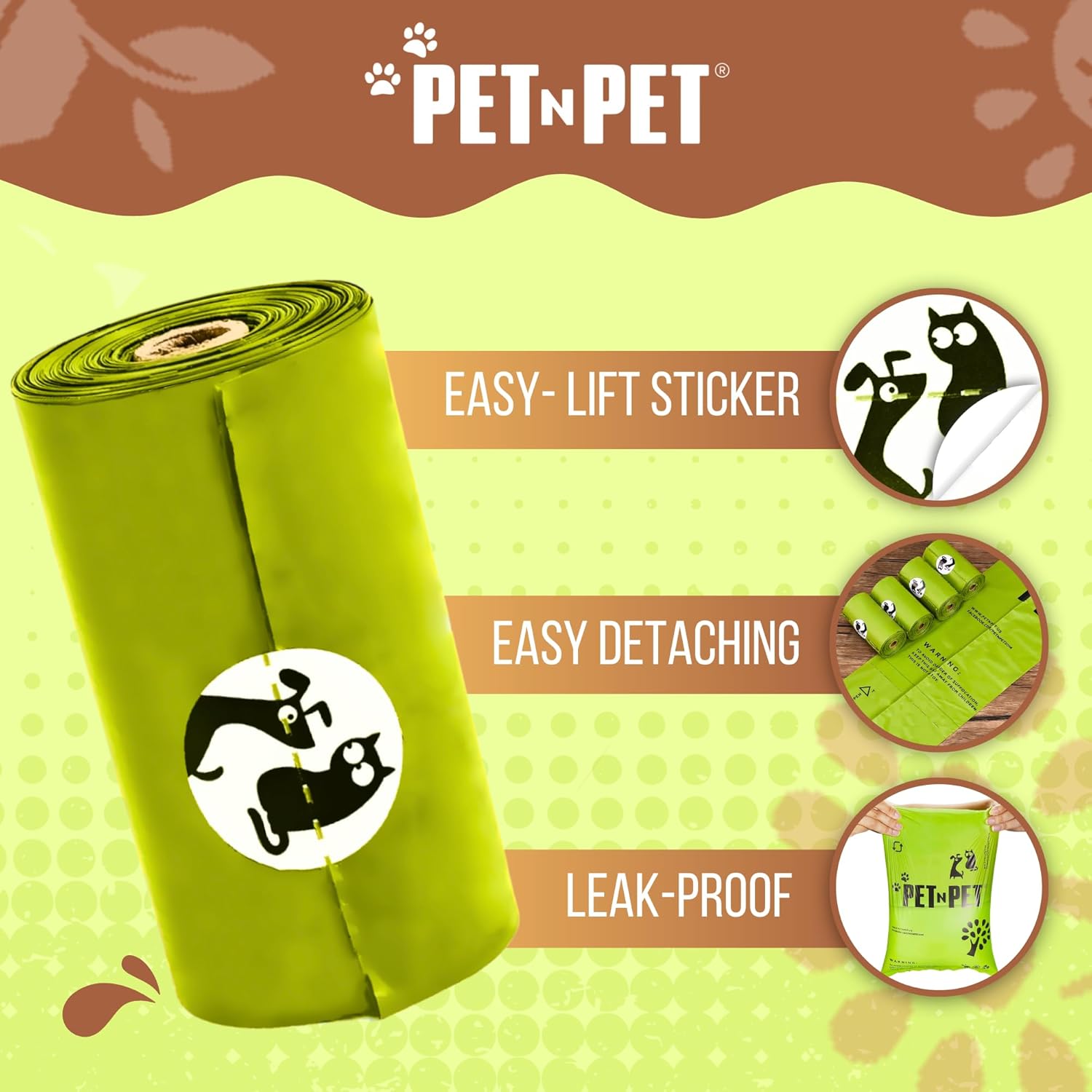 Green roll of pet waste bags with 'Pet N Pet' branding on a green and brown background.