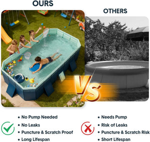 A promotional comparison graphic for an inflatable pool. The left side shows children playing in a blue and green rectangular pool labeled 'OURS' with green checkmarks and benefits like no pump needed and no leaks.