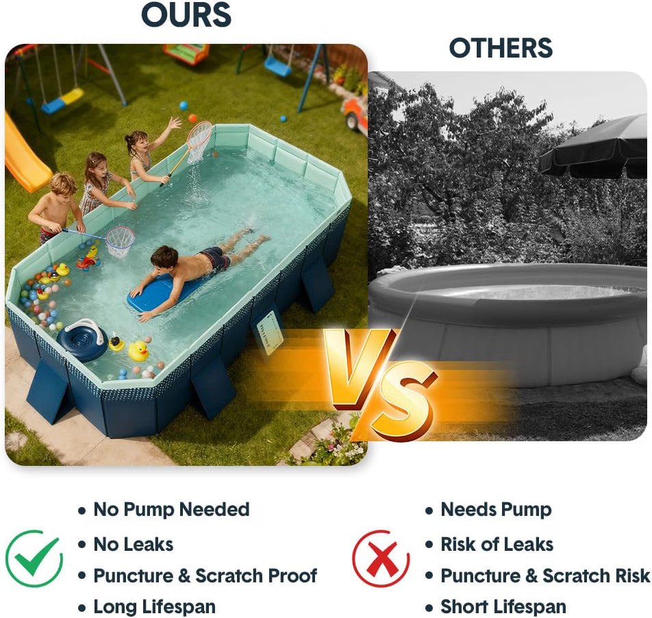 A promotional comparison graphic for an inflatable pool. The left side shows children playing in a blue and green rectangular pool labeled 'OURS' with green checkmarks and benefits like no pump needed and no leaks.
