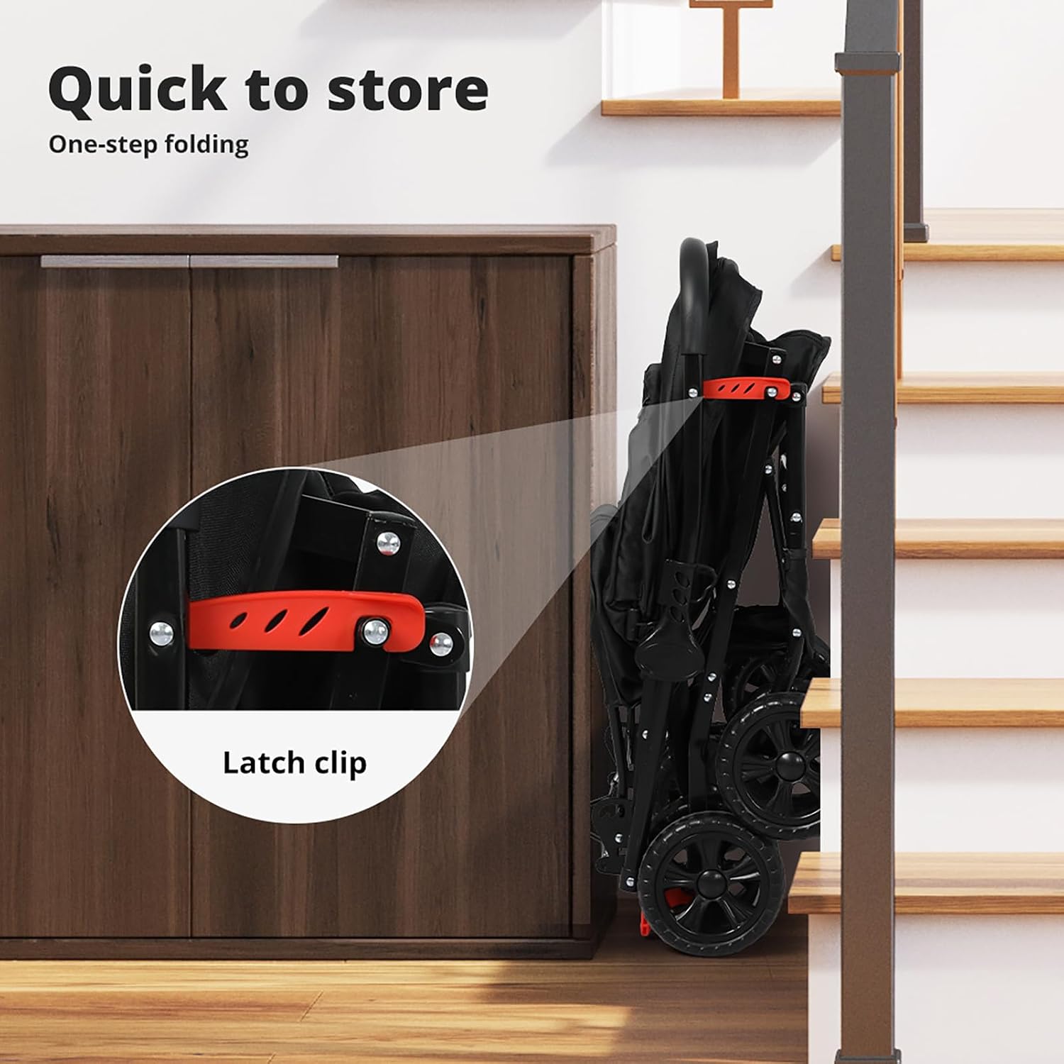 A folded black stroller or baby stroller with red latch clips leans against a wooden cabinet beside a staircase. Text at the top reads 'Quick to store' and 'One-step folding,' with a circular inset showing the latch clip detail at Pet Servo