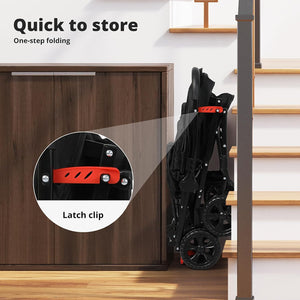 A folded black stroller or baby stroller with red latch clips leans against a wooden cabinet beside a staircase. Text at the top reads 'Quick to store' and 'One-step folding,' with a circular inset showing the latch clip detail at Pet Servo