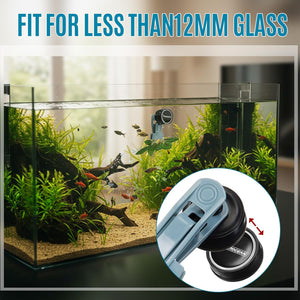 Aquarium with fish and plants, featuring a close-up of an aquarium tool with text 'Fit for less than 12mm glass' at Pet Servo