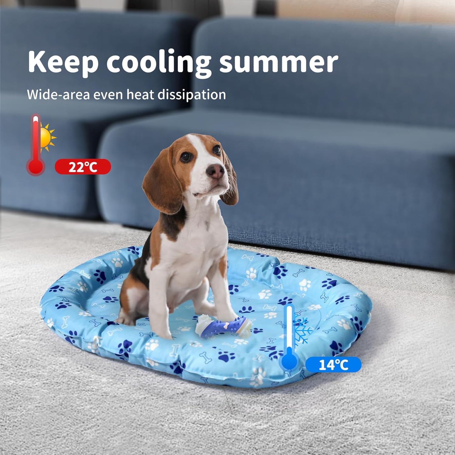 Dog sitting on a cooling pad with temperature display in a living room at Pet Servo
