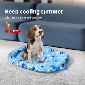 Dog sitting on a cooling pad with temperature display in a living room at Pet Servo