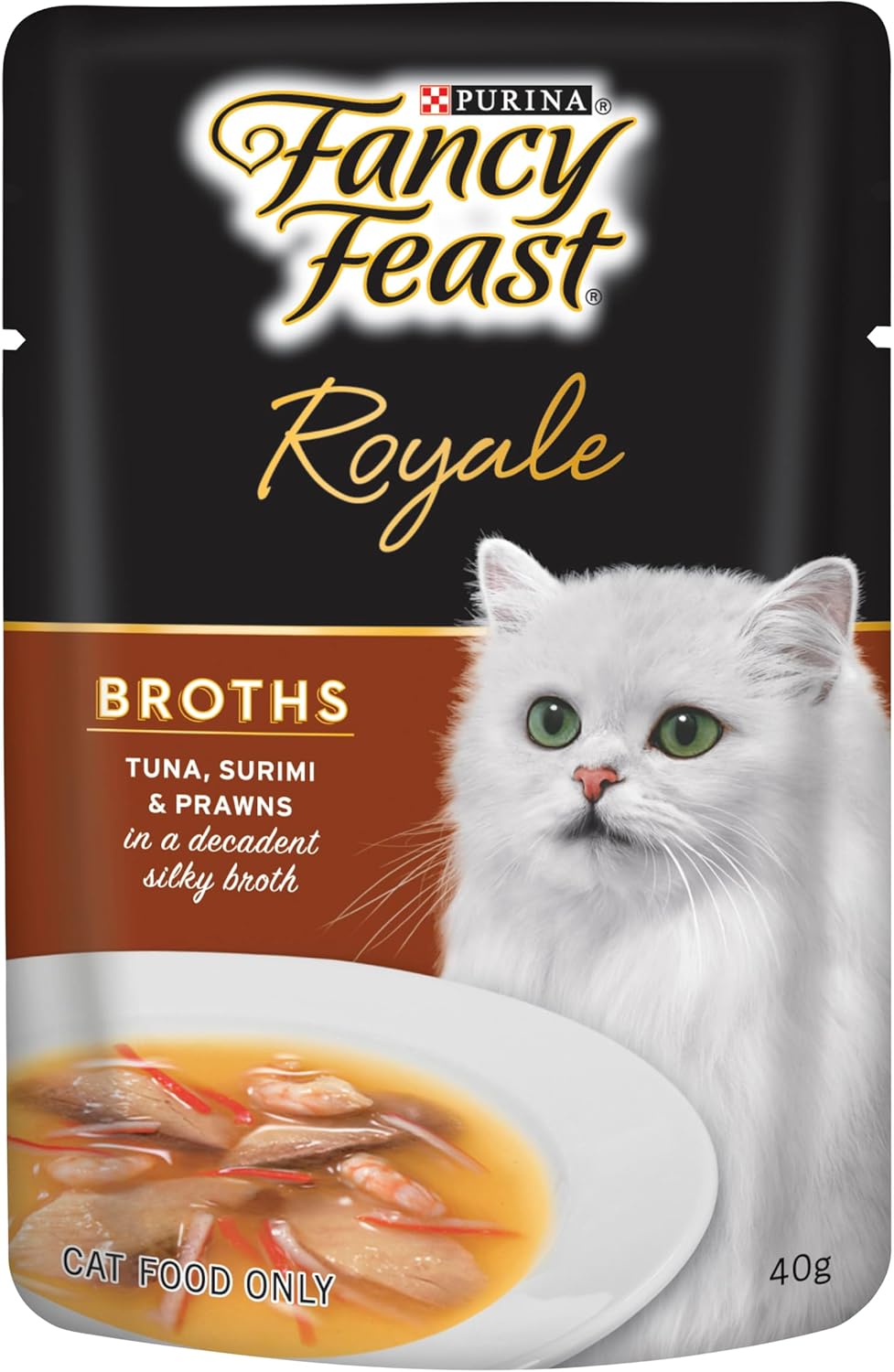Pouch of Purina Fancy Feast Royale cat food with a white cat on the label.