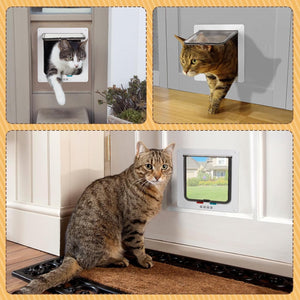 A three-panel collage showing a tabby cat interacting with a white cat door installed on an interior wall. The top-left panel shows the cat looking through the door; the top-right panel shows the cat stepping into the open door; the bottom panel shows the cat sitting beside the closed door with a view outside on the window flap.