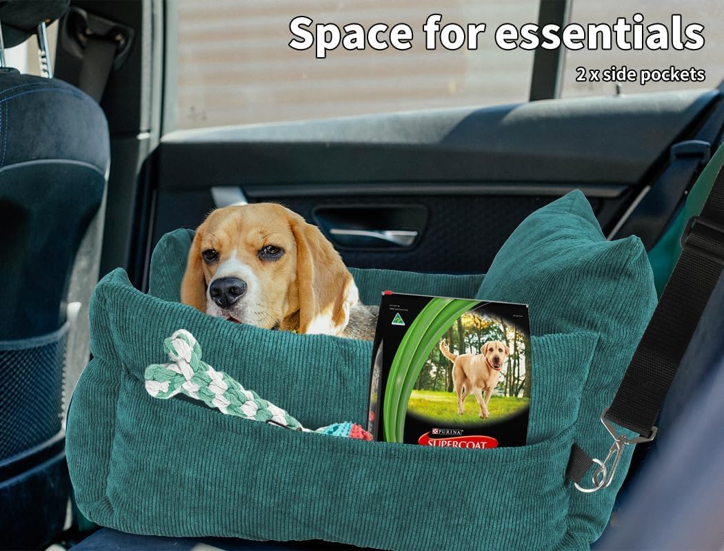 Pet car seat carrier with a dog inside, showing two side pockets at Pet Servo
