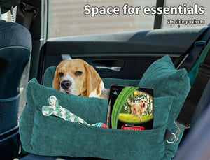 Pet car seat carrier with a dog inside, showing two side pockets at Pet Servo