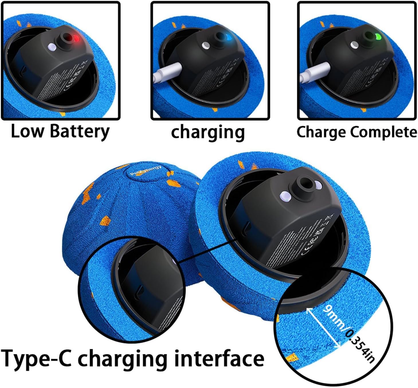 Blue robot vacuum cleaner with charging interface and battery status indicators at Pet Servo