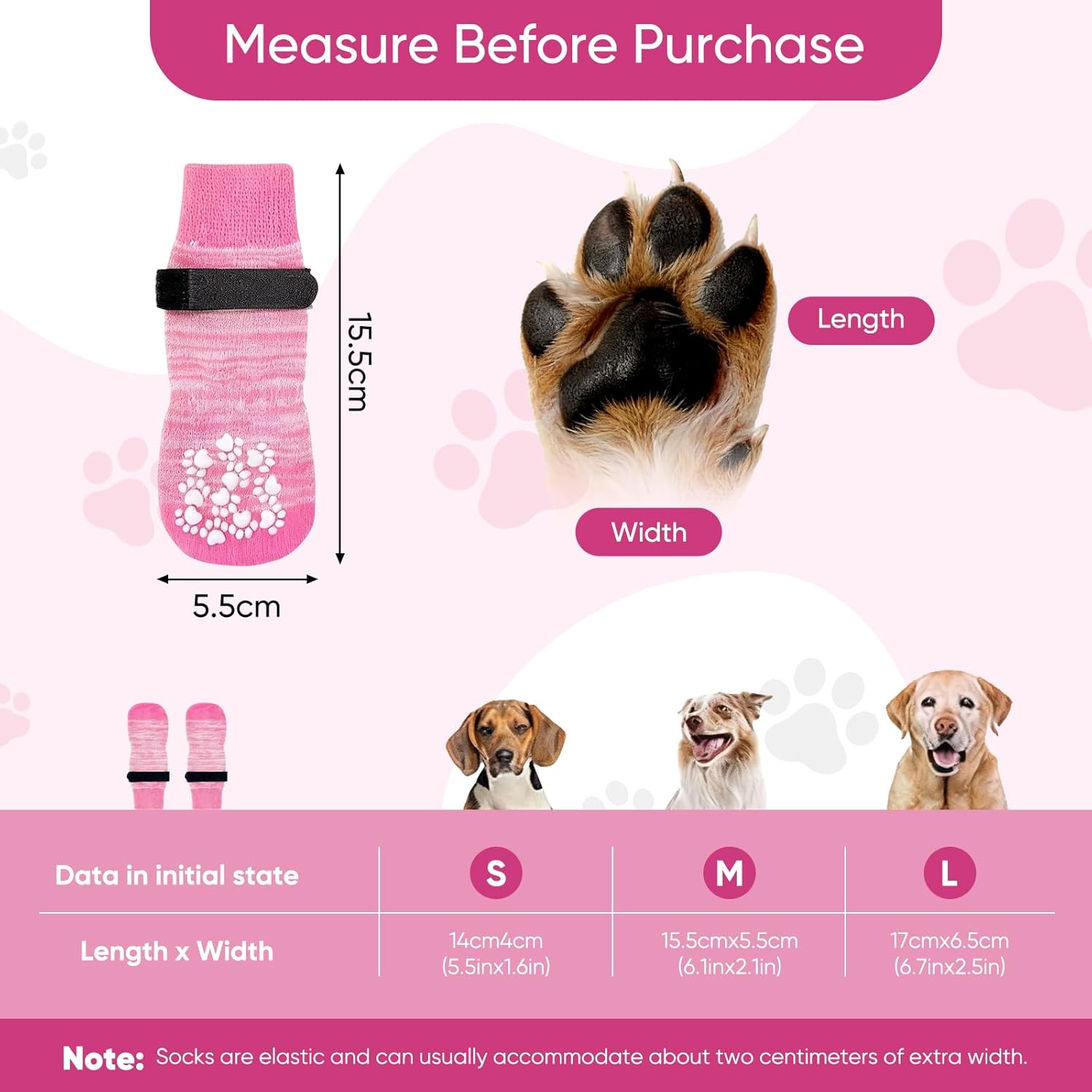 Measurement chart for pink pet socks with paw size chart and dog illustrations on a pink background at Pet Servo