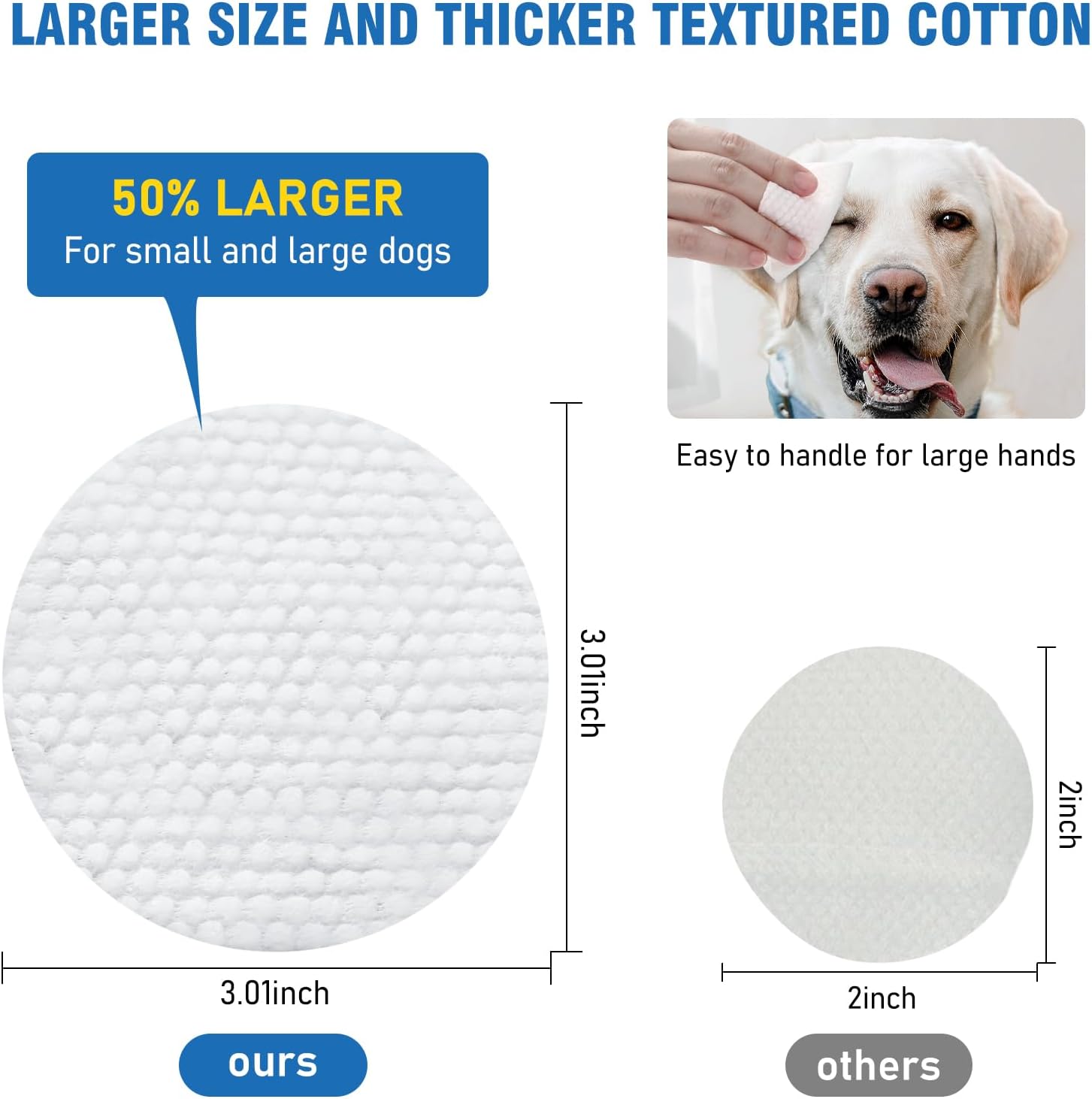 Textured cotton pad with size comparison and dog using it, labeled '50% larger' at Pet Servo