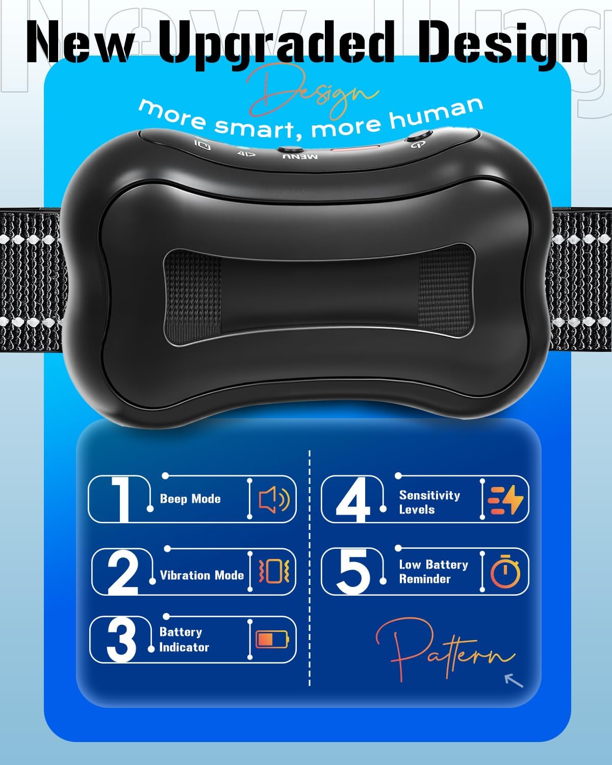 Black electronic device shaped like a bone on a blue background with text about new upgraded design at Pet Servo
